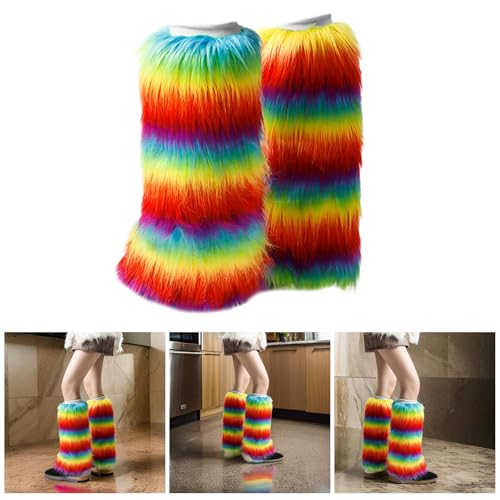 Women Vintage Rainbow Colorful Plush Leg Warmer Fuzzy Thickened Boot Toppers Cuff Furry Leg Long Socks Partywear2