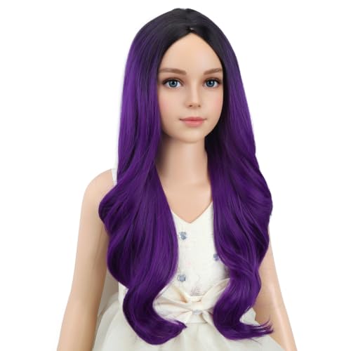 Image of PATTNIUM Dark Purple Wig for Kids Girls Long Curly Wavy Wig Ombre Purple Wigs Middle Part Black to Purple Wigs Heat Resistant Synthetic Hair