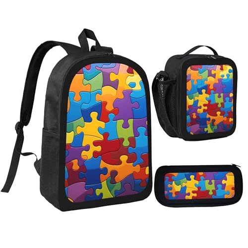 Abstract Colorful Autism 3 Pcs 17 Inches Backpack Set with Insulated Lunch Bag And Pencil Pouch Large Back Pack for Men Women Lunchbox Pencil Case Waterproof Backpacks Lunch Box 3 Piece Daypacks