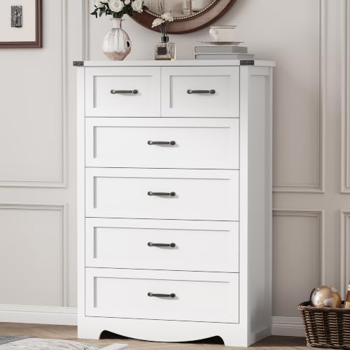 Image of Dresser for Bedroom with 6 Drawers, 49 inch Tall Wood Chest of Drawers with Deep Drawers & Mental Handle, Modern Dresser TV Stand, Wooden Closet Storage Organizer for Living Room, Hallway, Entryway, White