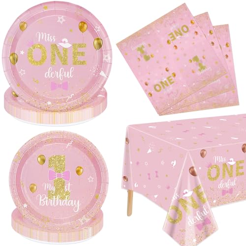 Miss Onederful Birthday Decorations - Pink Gold Party Plates, Napkins, Tablecloth, First Birthday Decorations Tableware for Baby Shower 1st Party Girls Supplies, Serve 20 Guests