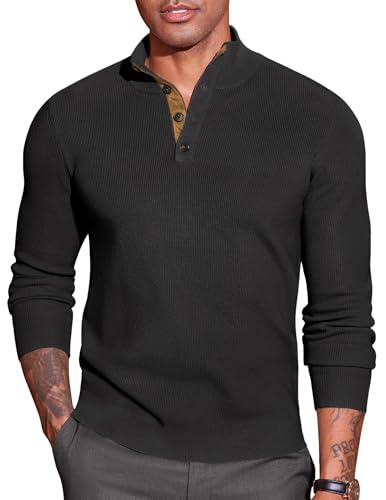 COOFANDY Herren Pullover Half Neck Stehkragen Retro Strickpullover mit 1/25 Knöpfe Wildleder Pulli Winterpullover Sweater Schwarz M