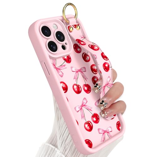Coque iPhone 15 Pro Max rose en silicone avec support dragonne pour femme