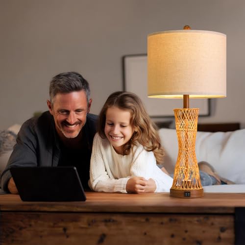 Image of OYEARS 27 inch Table Lamps Set of 2 with Rattan & Dual Lights, Boho Lamps for Nightstands, Bedside Lamps for Bedroom, Nightstand Lamp for Living Room, Farmhouse Table Lamp for Office & Study