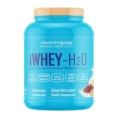 Image of Myfitness iWhey H2O | 88% Protein Per Serving | 100% Whey Protein Isolate | Added Colostrum | Added Digestive Enzymes | Whey Protein Powder (Kesar Pista Kulfi, 500g (20 servings))