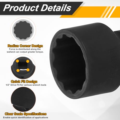 Image of HARFINGTON 1 /2 inch Drive x 32mm Shallow Impact Socket 12-Point Metric CR-V Steel Spindle Nut Impact Flip Sleeve for Home Auto Nuts Bolts Repair