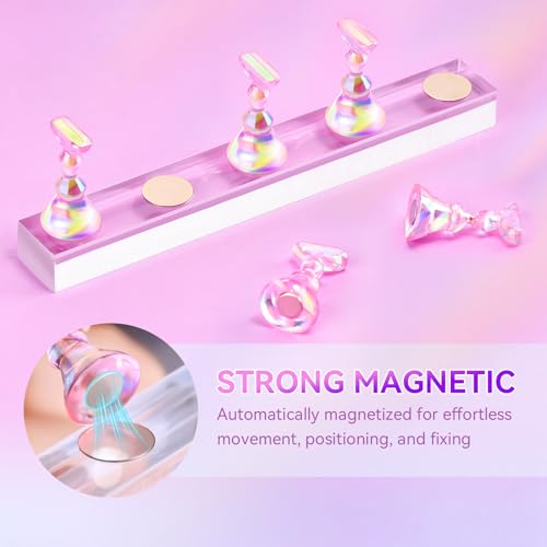Image of Makartt Press on Nails Stand: Clear and Pink Nail Holder for Painting Nails, Stands for Art Display Practice, Magnetic Clear Glitter Flower Fake Holders with Reusable Adhesive Putty for Home Salon DIY