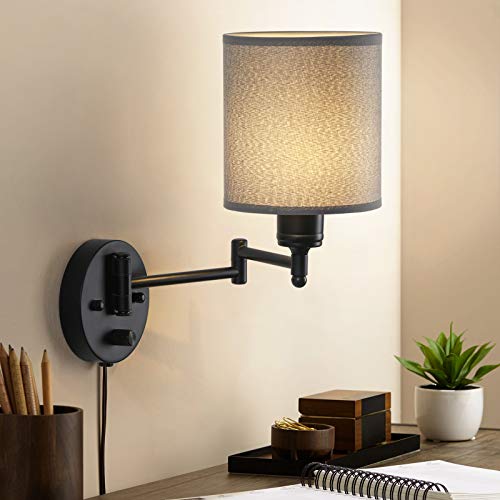 Plug in Wall Light Fixtures, Set of 2 Swing Arm Wall Lamps with Grey Linen Lampshade, Modern Bedside Wall Sconce for Bedroom Hallway Living Room Study - Thumbnail 3