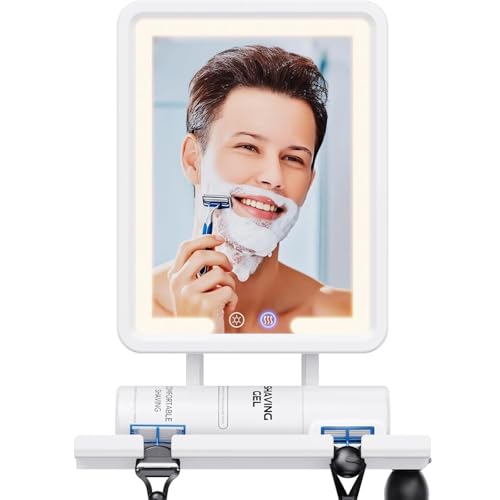 SteeliX Fogless Lighted Shower Mirror for Shaving, 3 Light Modes, 360° Rotation, Rechargeable, Anti-Fog, Storage Tray & Razor Holder, Led Bathroom Mirror, Makeup Mirror (White)