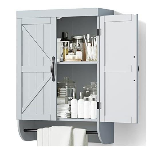 SRIWATANA Bathroom Storage Wall Cabinet Over The Toilet with Adjustable Shelf, Space Saver 2-Door Medicine Cabinet with Tower Bar, Gray