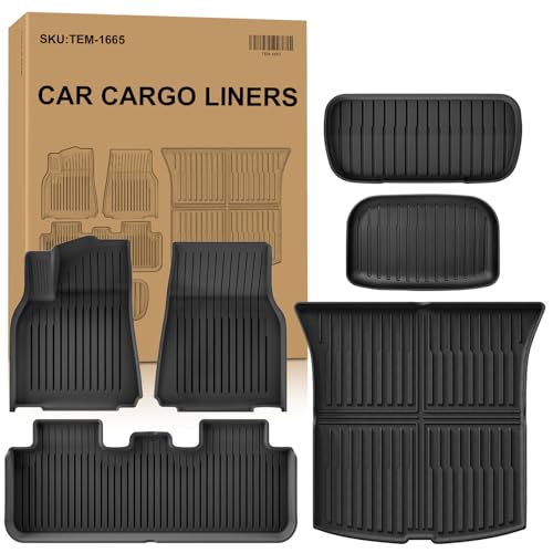 Autocessking 2025 New Tesla Model Y Juniper Floor Mats 5-Seater, Set of 6 All Weather TPE Waterproof Anti-Slip Front & Rear Trunk Mats Cargo Liners (ONLY for Tesla Model Y Juniper) - Best Tesla juniper floor mats