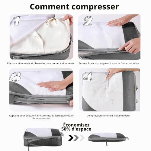 SYEXDZON Packing Cubes Compression, 8 pièces Extensible Packing Cubes de Voyage pour Sac à Dos, Ultraléger Organisateur de Voyage pour Bagage à Main (Gris) – vue 5