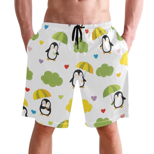 Men's Swim Trunks Quick Dry Swimming Shorts with Pocket Cute Penguins with Umbrellas Pattern Swimsuit Trunks