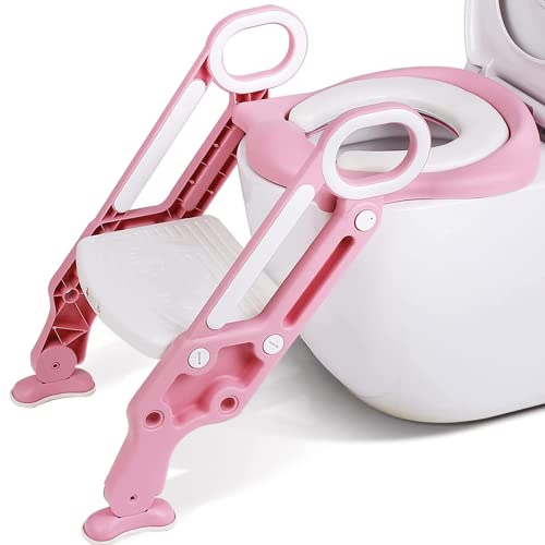 Sedile WC Per Bambini Con Scaletta E Maniglia - Antiscivolo Con Cuscino Imbottito - Altezza Regolabile 2-7 Anni