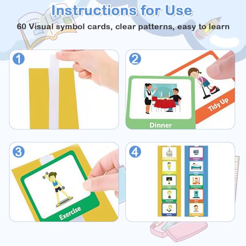 Image of PATPAT Schedule Planner Flash Cards for Kids, Wall Planner Autism Daily Chore Routine Chart with 60 Cards, 12 Background Boards, 12 Velcro, Flash Card for 3 Year Old Wall Planner for Home School
