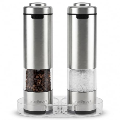Latent Epicure Electric Salt and Pepper Grinder Set, USB-C Rechargeable Stainless Steel Mills with LED Light, Adjustable Ceramic Grinders with Acrylic Mill Rest Tray