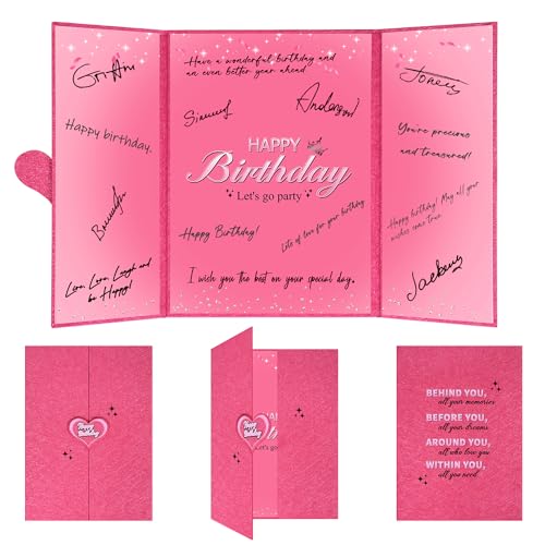 Holkcog Pink Birthday Party Decorations for Girls, Glitter Let’s Go Party Alternative Signature Guest Book for Women, Hot Pink Birthday Gifts Signing Card Board, Behind You All Your Menories Supply