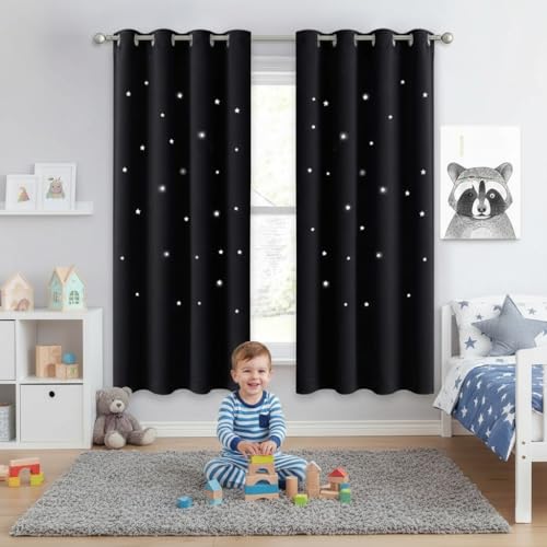 NICETOWN Star Curtains for Kids Room - Blackout Curtains for Nursery 63 inches Length Essential Laser Cutting Stars for Kids Room (1 Panel, 52 x 63...