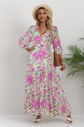 Image of Women Short Sleeve V Neck Floral Print Casual Bohemian Maxi Dresses