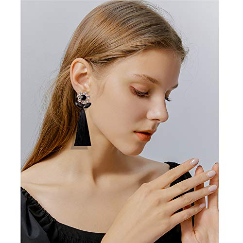 Yunxi Bohemian Long Flower Tassel Earrings For Women Trendy Crystal Silk Fabric Drop Dangle Tassel Earrings Wedding Fashion Jewelry (Bohemian Long Flower Silk Tassel Earrings-Black+White) #TOP3