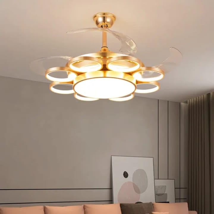 Image of Glowave 9 Rings Light Chandelier Fan 52 Inch Gold Retractable Blades Remote Control - Tricolour | Warm White, White, Natural White | (FI7775GD)