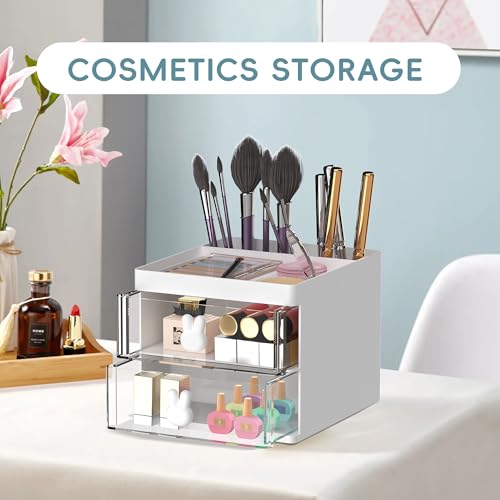 DRQ Organizador de mesa com 2 gavetas, suporte multifuncional para armazenamento de mesa com 3 compa