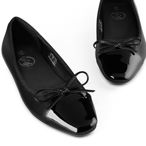 Image of Trary Slingback Flats for Women, Black Dressy Comfortable Round Square Toe Shoes, Work Office Casual Ankle Strap Dress Flats