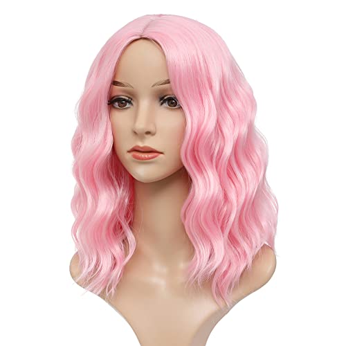 WAVE&BREEZE Short Wavy Pink Wigs for Women Middle Part Curly Bob Wig 14 Inch Synthetic Hair Wigs Natural Looking Pink Daily Hair Wigs Heat Resistant Fiber Cosplay Costume Wig