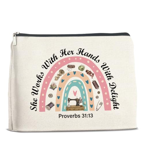 UPNEGE Sewing Lover Gifts Makeup Bag Gift for Quilter, Christian She Works with Her Hands in Delight Cosmetic Bag Zipper Makeup Pouch