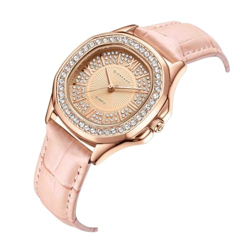 Image of Giordano Luxury Analog Watch for Women with Crystal-Studded Bezel & Leather Strap - Octagonal Case, Elegant Quartz Wristwatch