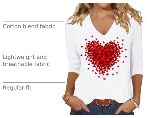 Image of Womens 3 /4 Sleeve V Neck Valentine T Shirts Love Heart Printed Graphic Tee Tops