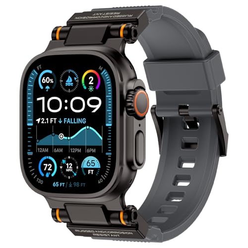 Image of FOAMUNOC Rugged Band Compatible with Apple Watch Ultra 3 /2 /1 Band 49mm /46mm /45mm /44mm /42mm, Metal Connector with Silicone Strap for iWatch Ultra Series 11 /10 /9 /8 /7 /6 /SE3 /SE2 /SE /5 /4 /3 /2 /1, Gray /Black