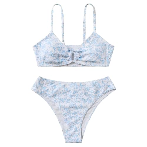 Girls' Swimwear Teens Kids 2 Piece Swimsuits Floral Printed Knot Front Ruched Triangle Bikini Sets Beach Bathing Suit