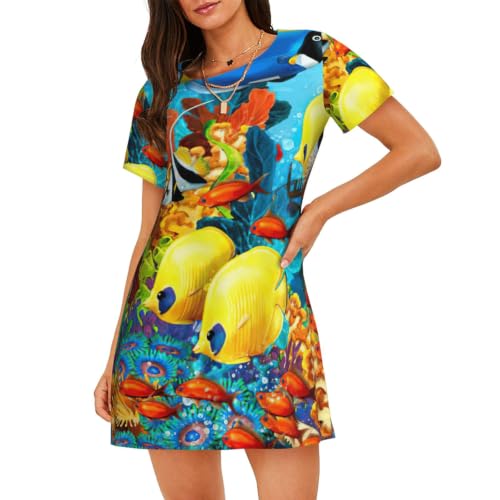 Chemise de nuit manches courtes en tissu respirant motif mer