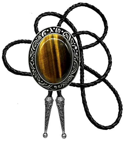 Image of Moranse Bolo Tie with Natural Tiger Eye Stone Celtic Style Genuine and Cowhide Rope