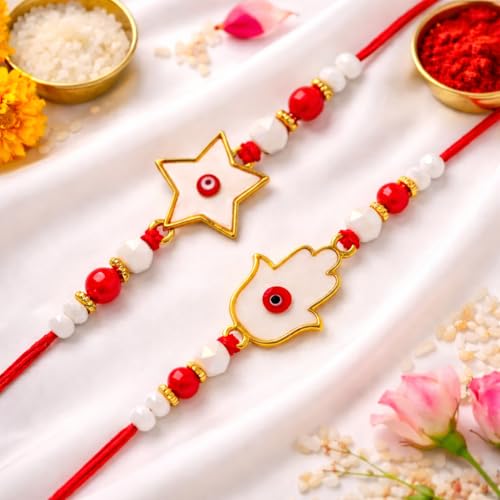 Image of Riddhika Ventures Elegant Evil Eye Rakhi for Protection from Negative Energy (Set Of 2) With Roli Chawal And Greeting Card (V1W1)