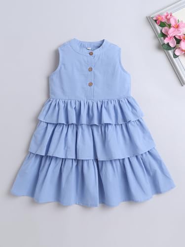 Image of The Magic Wand Kids Girls Printed Casual Dresses, Knee Length Singlet Strap Fit & Flared Cotton Once Piece Stylish Frocks for Summer Season