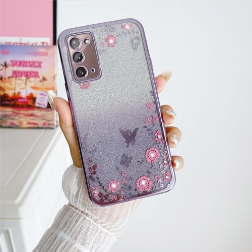 Image of for Note 20 Case,Galaxy Note 20 Case for Women Gradual Change Glitter Crystal Soft TPU Stylish Butterfly Floral Heart Clear Protective Cover with Strap for Samsung Note 20 (Purple)