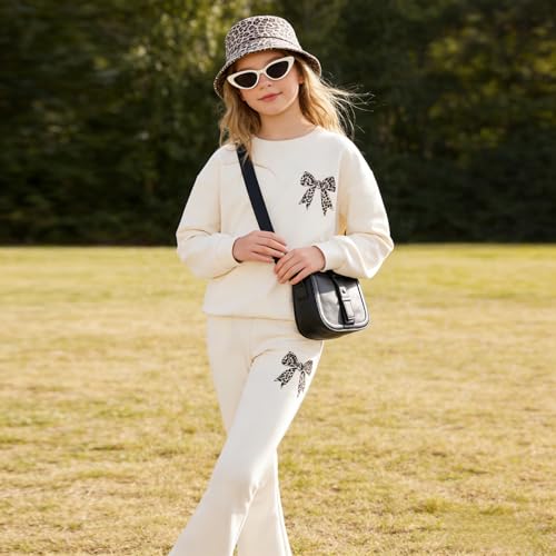Image of Tween Girls Clothes Long Sleeve Graphic Sweatshirt Top + Bow Knot Pants 2 Piece Outfit Set, Size 7-16Years