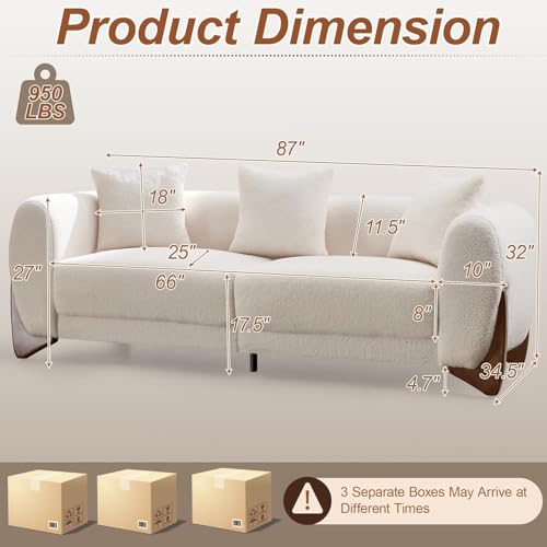Image of 87 inch Sherpa Boucle 3 Seater Sofa Modern Cloud Couch with Solid Wood Legs, 25in Extra Deep Seat, Comfy Thick Cushion Upholstered Sofa Couches with 3 Pillows for Living Room, White