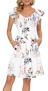 PLOKNRD Sommerkleid Damen V-Ausschnitt Midi Kleider mit Taschen Knielang Blütenblättern Kurzarm Freizeit Strandkleider Weiße Blume Alle L