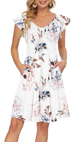 PLOKNRD Sommerkleid Damen V-Ausschnitt Midi Kleider mit Taschen Knielang Blütenblättern Kurzarm Freizeit Strandkleider W...