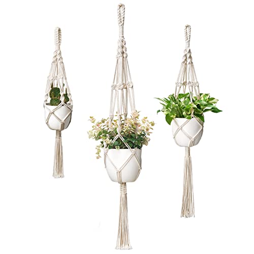 Mkouo Macrame Plant Hangers, 3 Different Sizes Indoor Hanging Planters Basket Decorative Flower Pots Holder Stand Boho Home Decor, Ivory