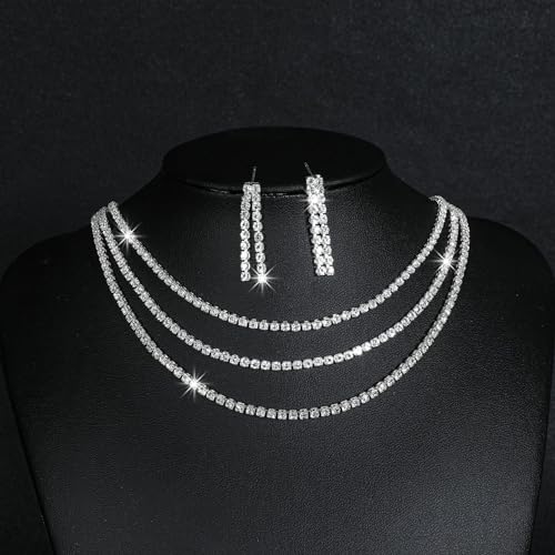 FUTIMELY Wedding Prom Jewelry Sets for Women Girls,Sparkly Crystal Drop Dangle Earrings Glitter Layering Rhinestone Choker Necklace Trendy Jewelry Gifts (Silver), 1 by FUTIMELY - Used condition - Image 4