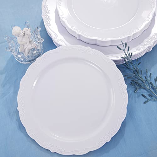 U-Qe 100 Pieces White Plastic Plates - White Disposable Plates - Premium Hard Plastic Disposable Plates For Wedding And Party Use Including 50 Dinner Plates 10.25 '' & 50 Dessert Plates 7.5 '' #TOP2