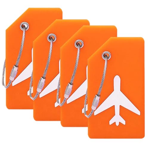 4 Pack Silicone Luggage Tags for Suitcases with Stainless Loop with Name ID Card Perfect to Quickly Spot Baggage Handbag Luggage Travel Suitcase (Orange)