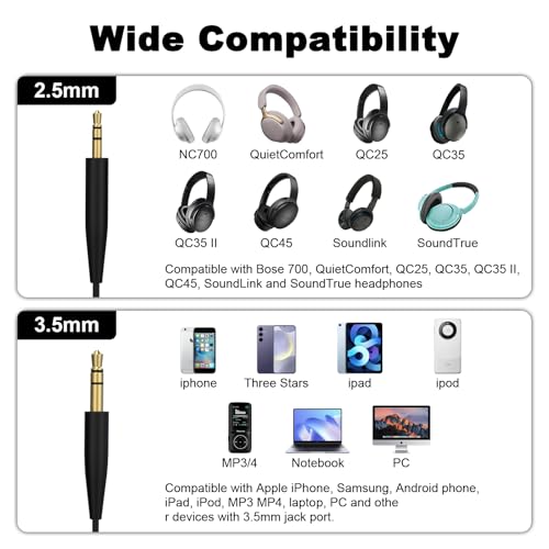 3.5mm zu 2.5mm Audio Kabel, Bose Kopfhörer Kabel, Kopfhörer Audio Kabel Ersatz kompatibel mit Bose 700 Quietcomfort QC25 QC35 QC35II QC45 JBL Tune 760NC Live 650BTNC 660NC Kopfhörer (Schwarz)