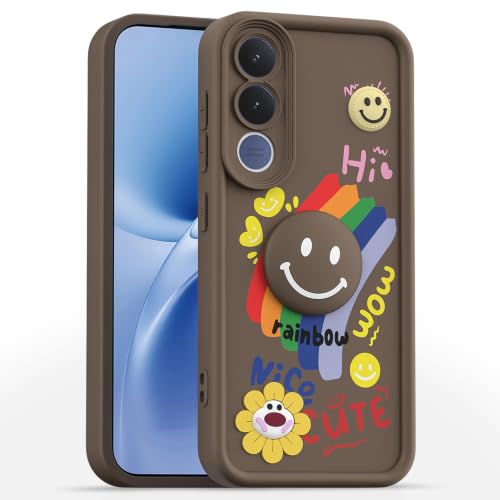 Image of Pikkme Back Cover for Vivo V70 FE 5G | Soft Silicone| Cute Rainbow Smile & 3D Cartoon Flower Design | Shockproof Raised Camera Protection Bumper Case (Brown)