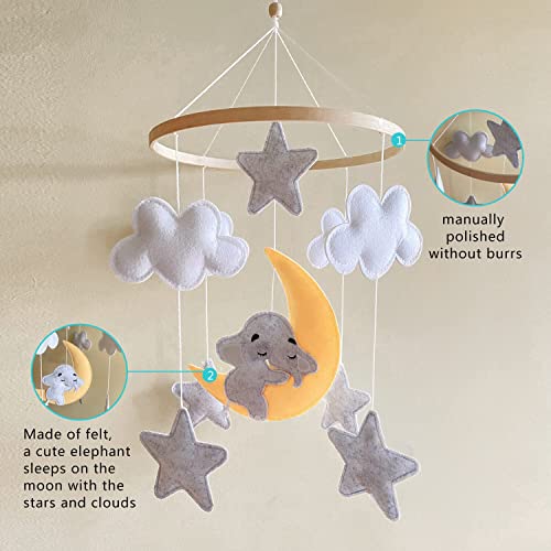 Vlokup Baby Crib Mobile, Neutral Felt Nursery Ceiling Decoration for Baby Boy & Girl, Baby Shower Gifts, Boho Elephant Moon Star Cloud, White & Grey