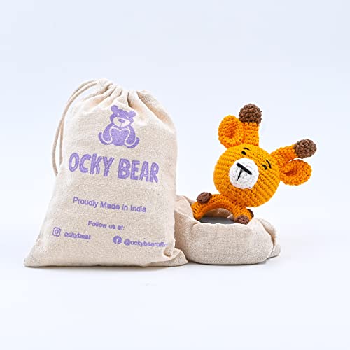 Image of Crochet Rattle Toy (0+ Years) | Shaker Toy | Explore Soothing Sounds & Textures | Smooth Organic Wooden Key | Soft Toy for Newborn, Infants and Toddlers (Spotty: Giraffe Wooden Rattle)